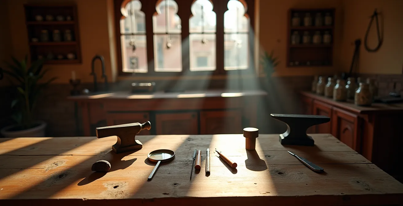 Ambiente de taller joyero tradicional español con herramientas y luz natural