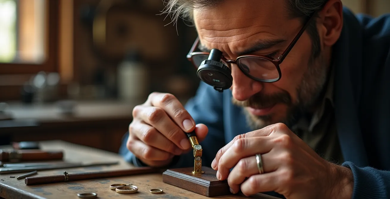 Gemólogo español examinando joyas antiguas con lupa profesional