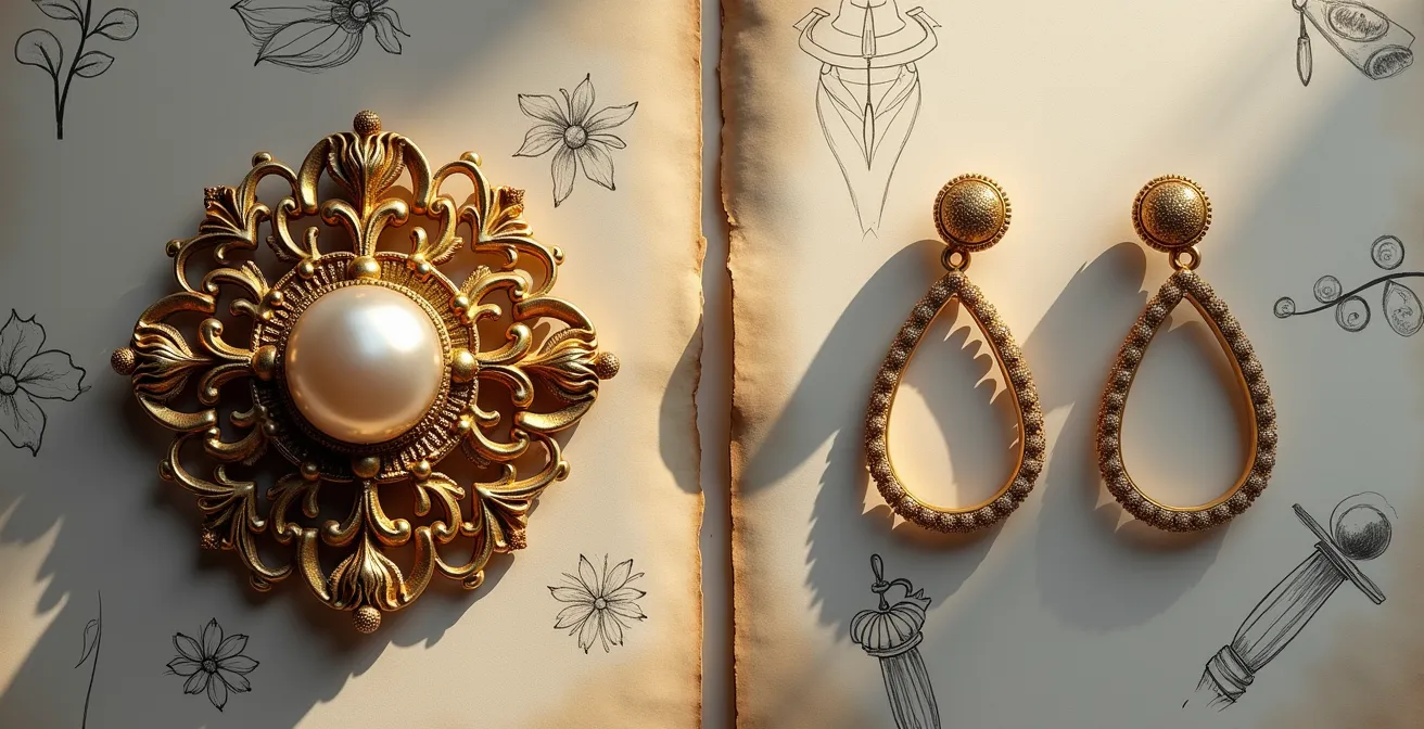 Proceso de transformación de un broche isabelino en pendientes minimalistas sobre mesa de joyero